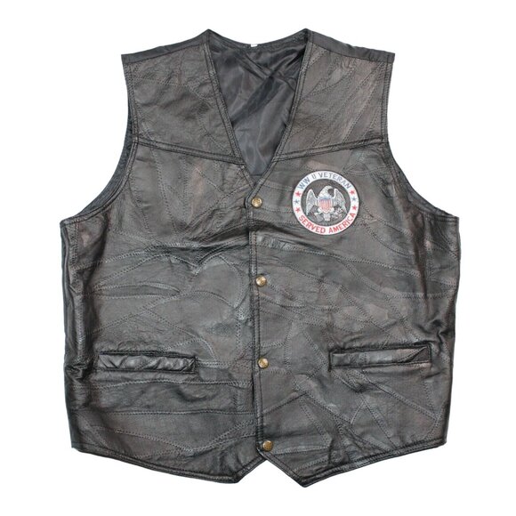 Leather Black Patchwork Motorcycle Vest WW II Embroidered Patch Veteran Military - Picture 1 of 9